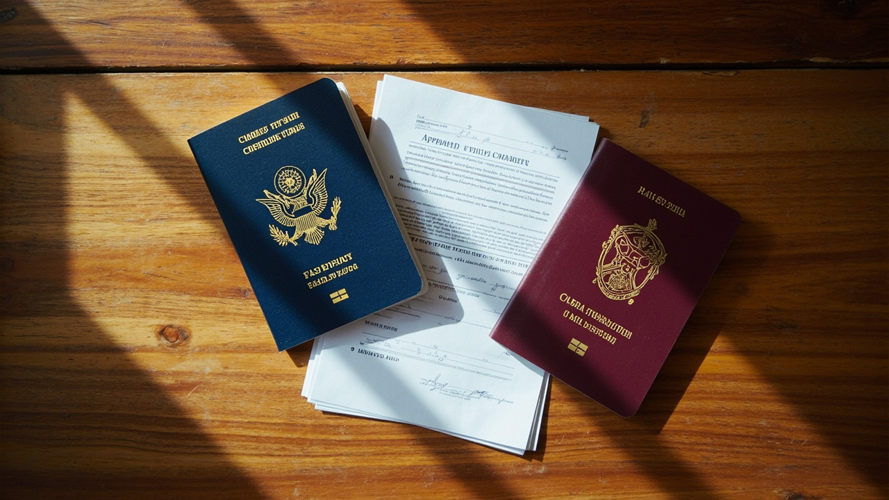 Two passports from different countries fanned out on a warm wooden desk beside a single printed Cambodia eVisa PDF