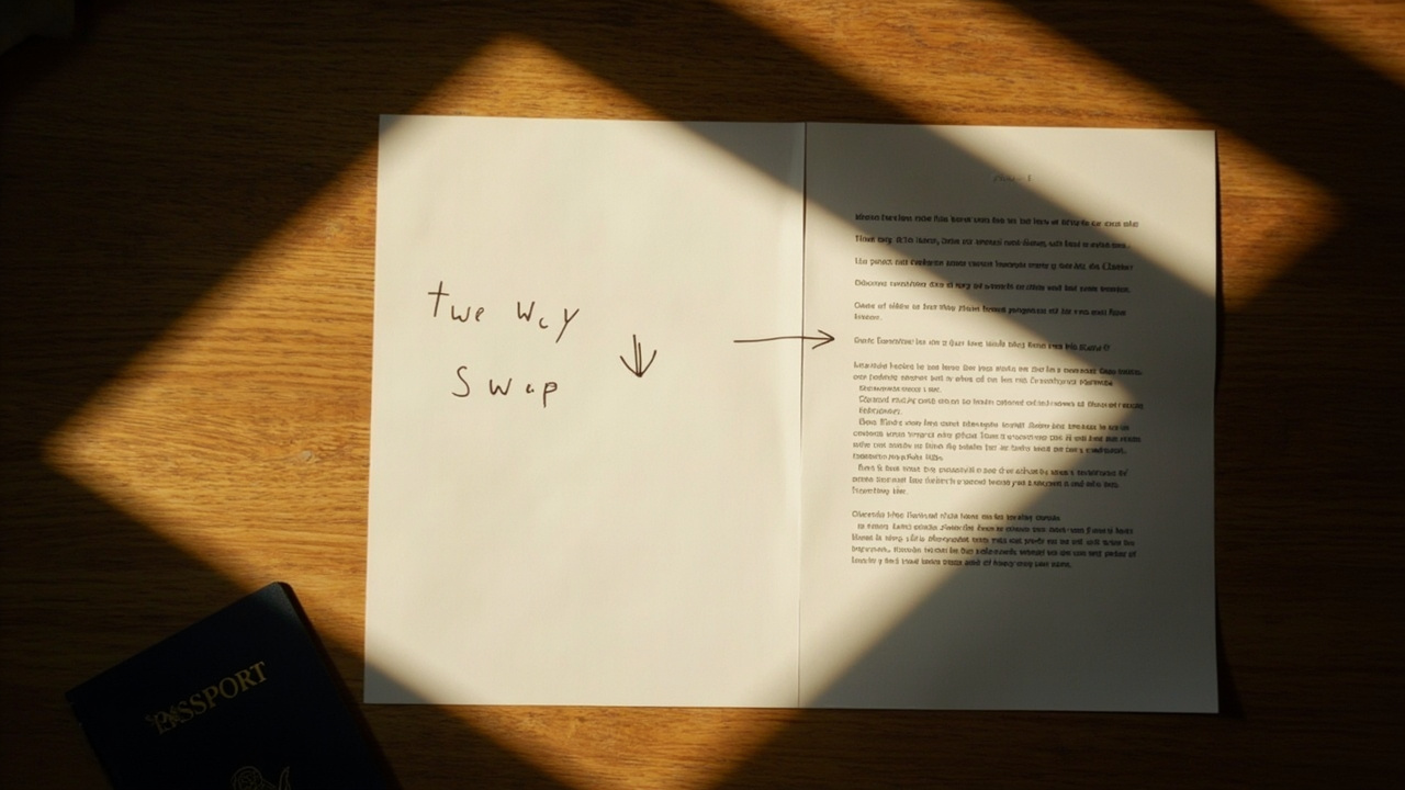 Two printed visa documents on a warm wooden desk with a one-way arrow and a crossed-out swap symbol, lit by golden-hour light