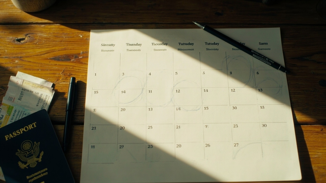 Overhead paper wall calendar with a 30-day block lightly marked, beside a blue US passport and pen on a wooden desk