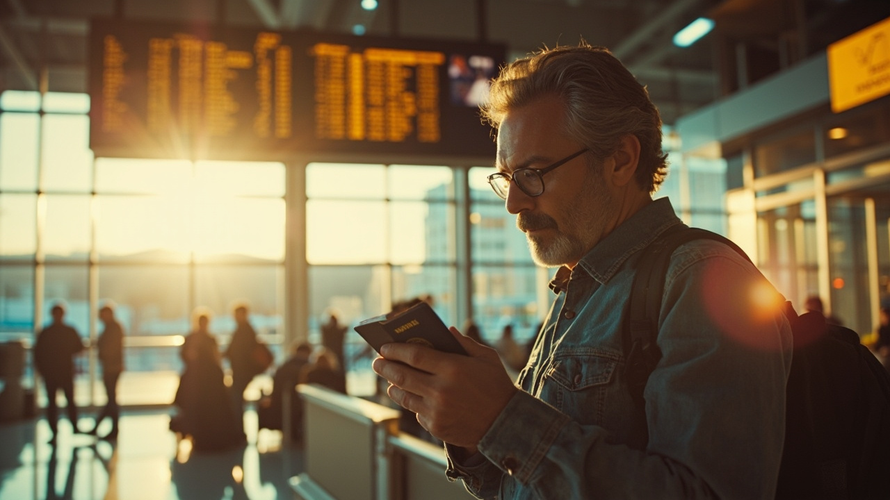 American traveler at an airport applying for a Cambodia eVisa on a phone, blue US passport in hand near a departure board