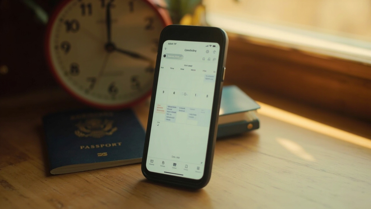 Phone calendar with three weekdays marked and the weekend dimmed beside a clock and blue US passport, showing 3 business days