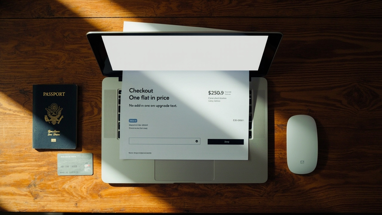 Overhead laptop showing one flat Cambodia eVisa price at checkout, a blue US passport and a credit card on a warm wooden desk