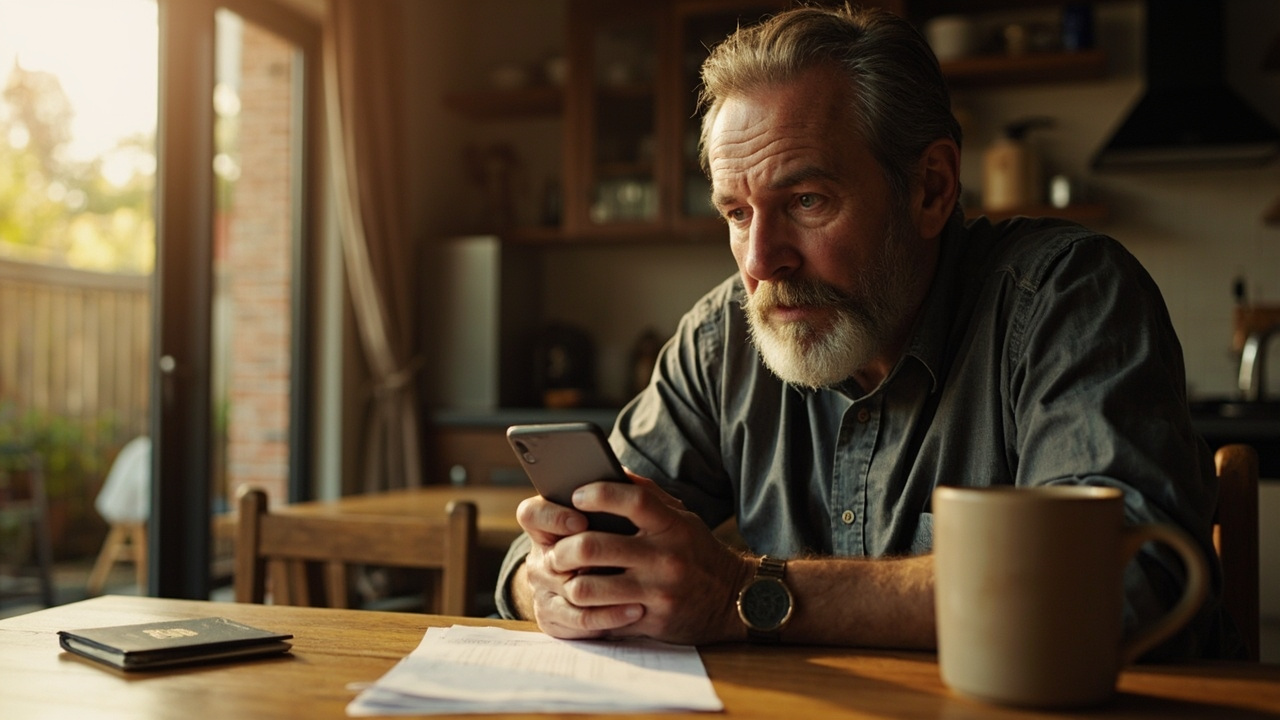 American traveler at a kitchen table eyeing a phone over a too-good rush Cambodia visa offer, blue US passport nearby