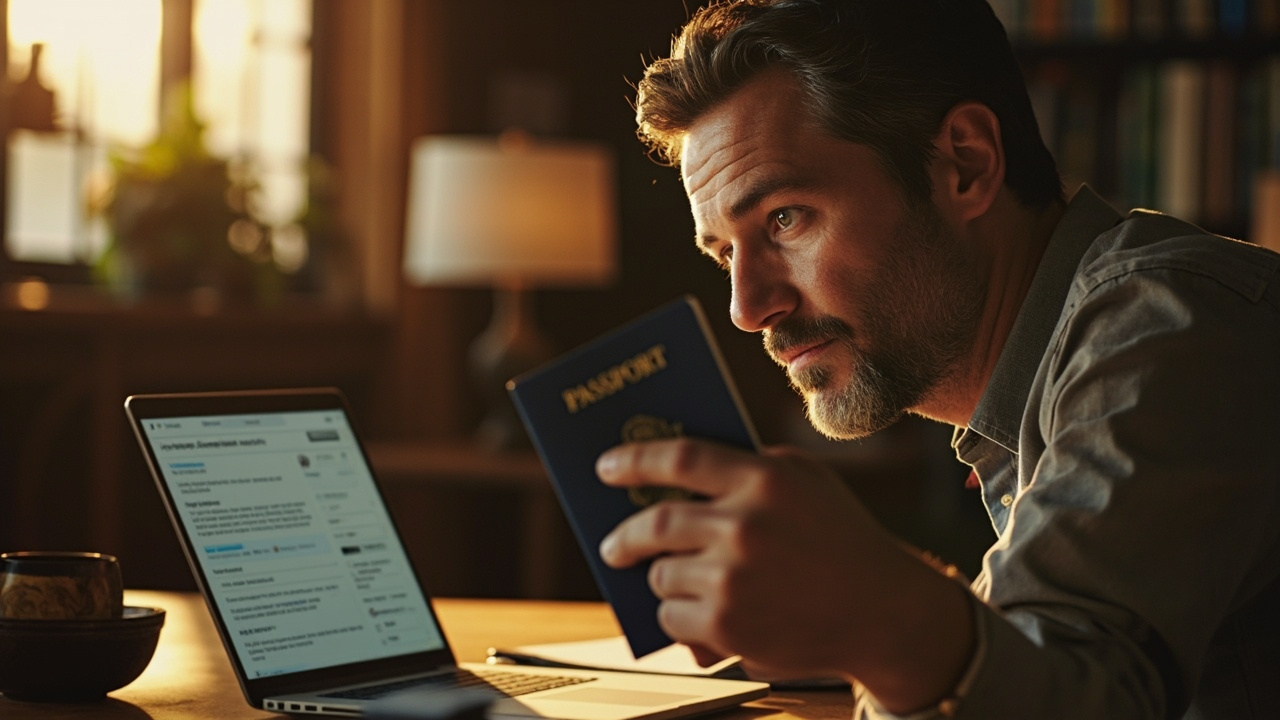 American traveler at a sunlit home desk holding up a blue US passport, a second passport nearby, deciding which to travel on