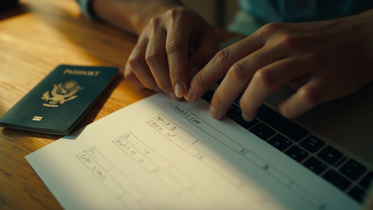 Hands at a laptop carefully typing a name into a visa form while matching it to the open US passport on the desk