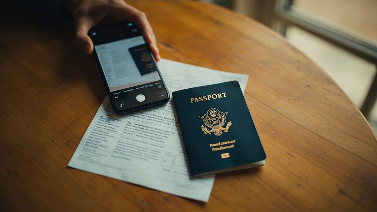Blue US passport open beside a printed Cambodia eVisa on a wooden table, a phone scanning it to match the records