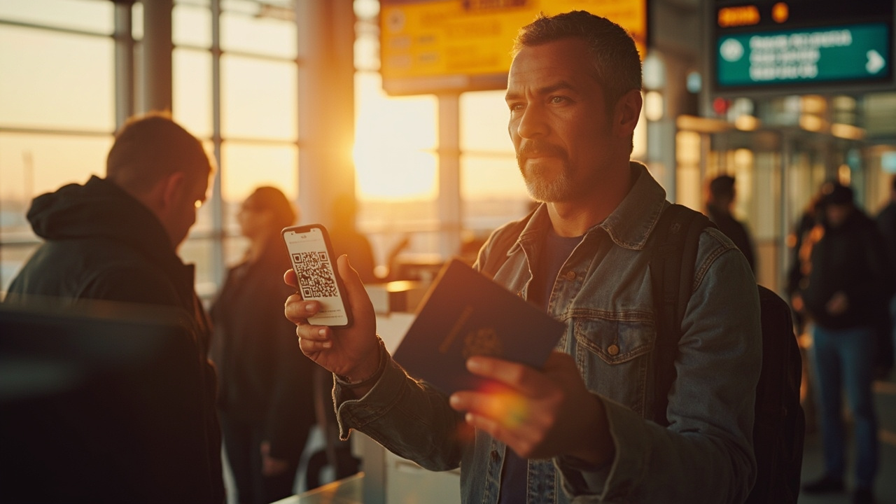 American traveler presenting an open blue US passport and a phone e-Arrival QR code at an airport immigration counter