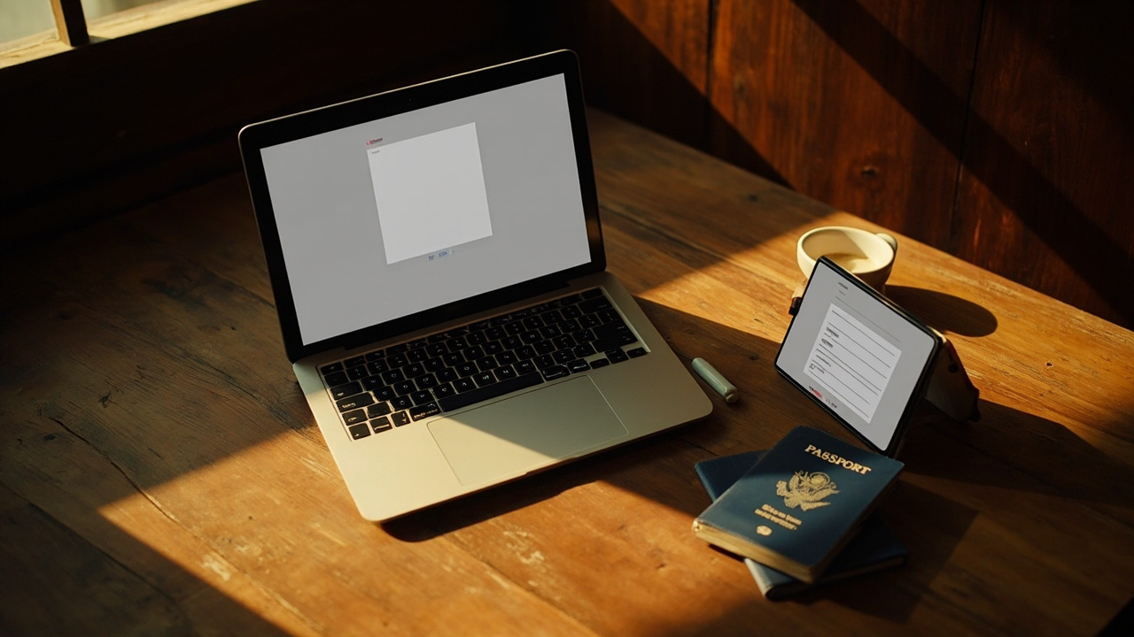 Laptop eVisa form with a portrait photo box beside a phone e-Arrival form with no photo box and a blue US passport on a desk