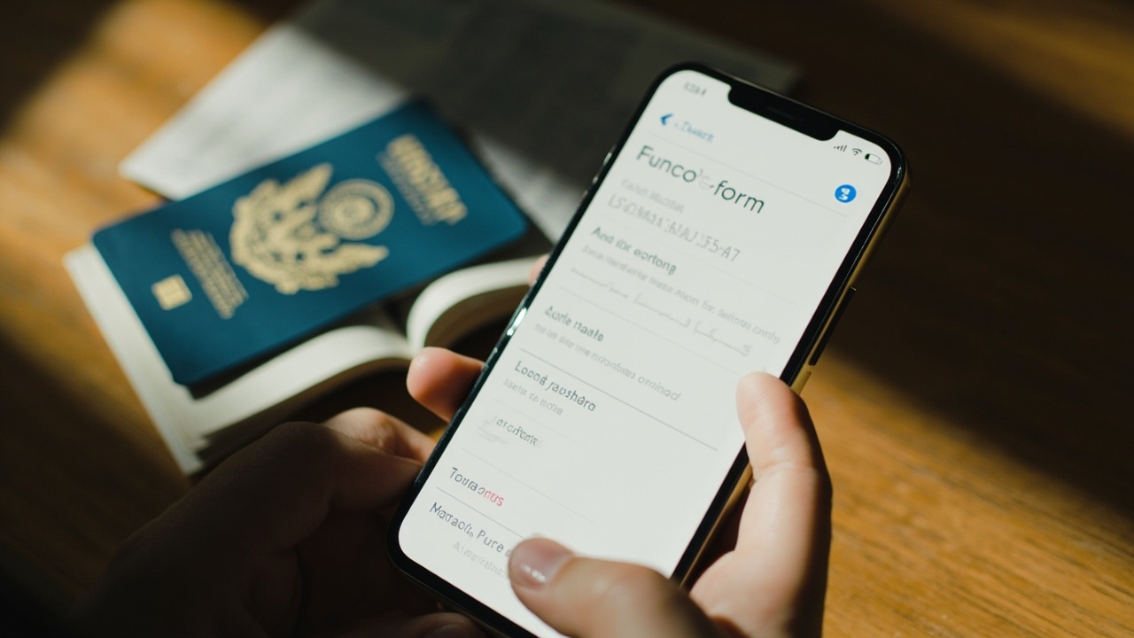 Phone showing the Cambodia e-Arrival typed form with text fields and no photo upload box, blue US passport open beside it